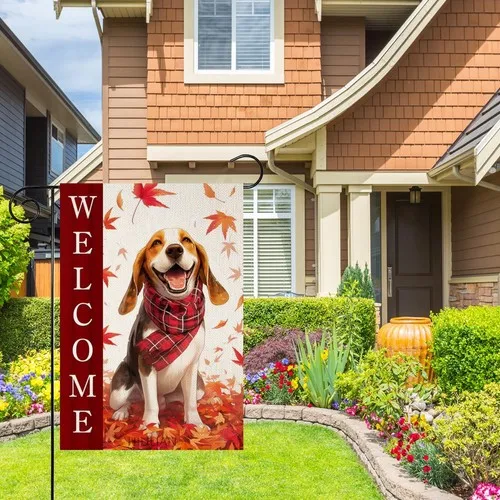 Beagle Welcome Fall Garden Flag Buffalo Plaid Check Scarf Home, 12x18 Inch XXQ