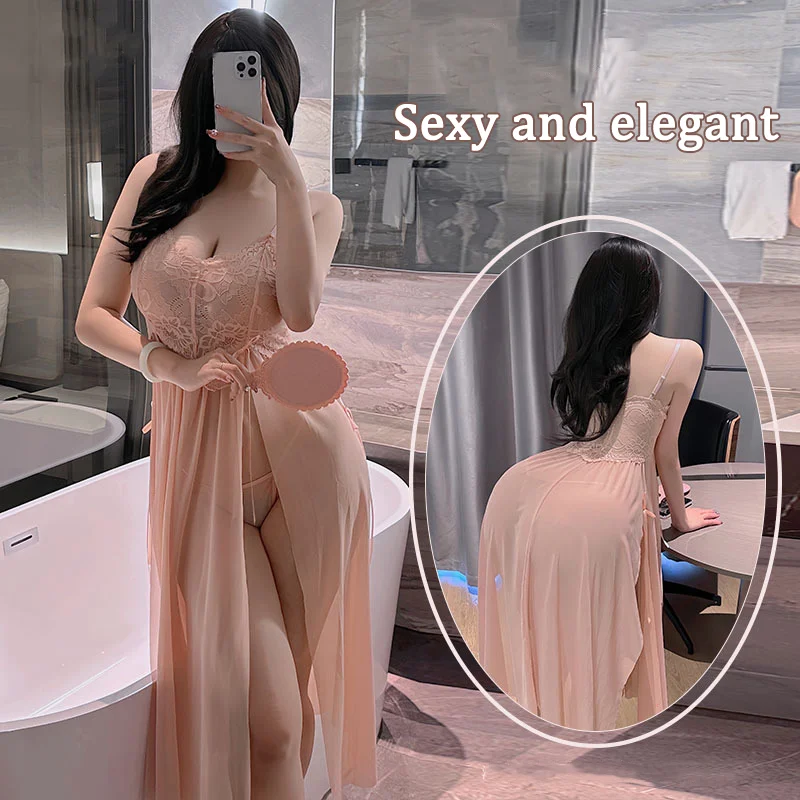 

Sexy Deep V Neck Mesh Nightgown Women's Lingerie Lace Babydoll Chemise Mesh Nightwear Sexy Long Lingerie Split Sheer Dress Femme