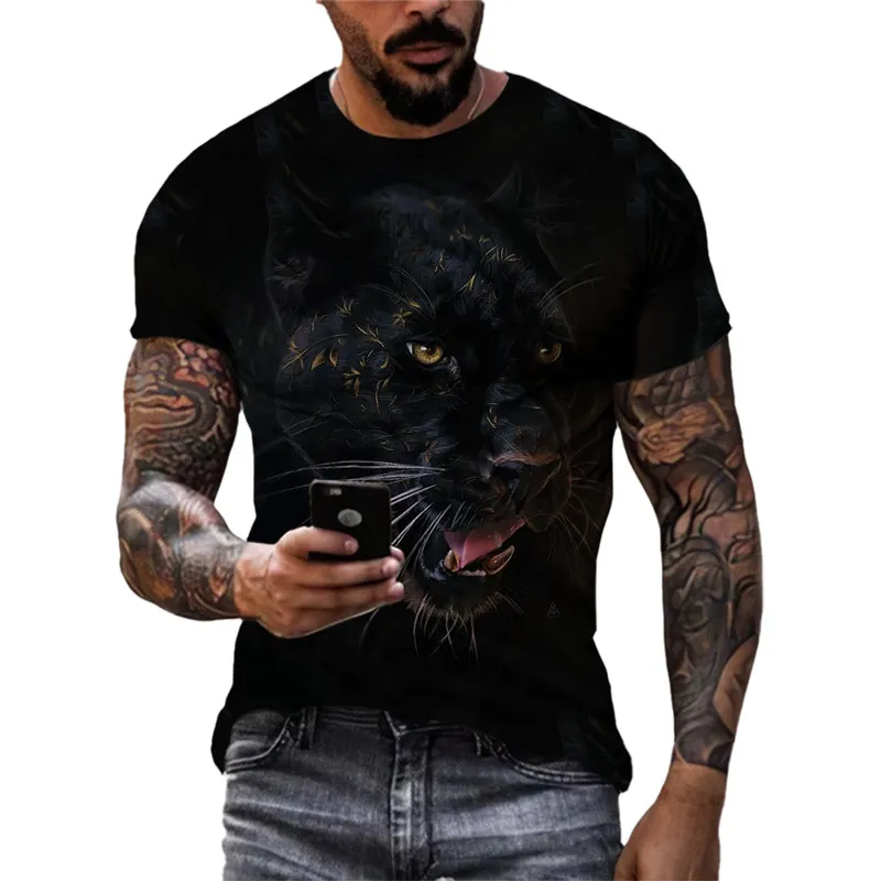 New Personalized Black Panther T-shirt Summer Trend Men\'s Casual Trend Short Sleeve 3D Printed Animal Tough Guy O Neck Top 6XL