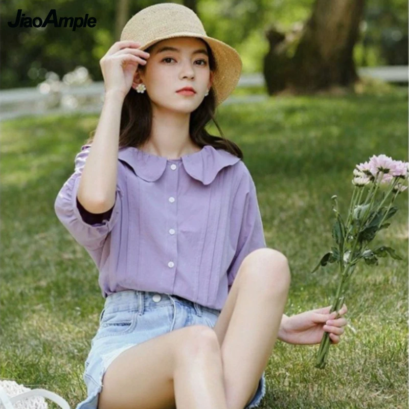 

Women Sweet Romantic Purple Shirt Summer 2022 Korean Chic Short Sleeve Blouse Casual Loose Cute Peter Pan Collar Tops Female New