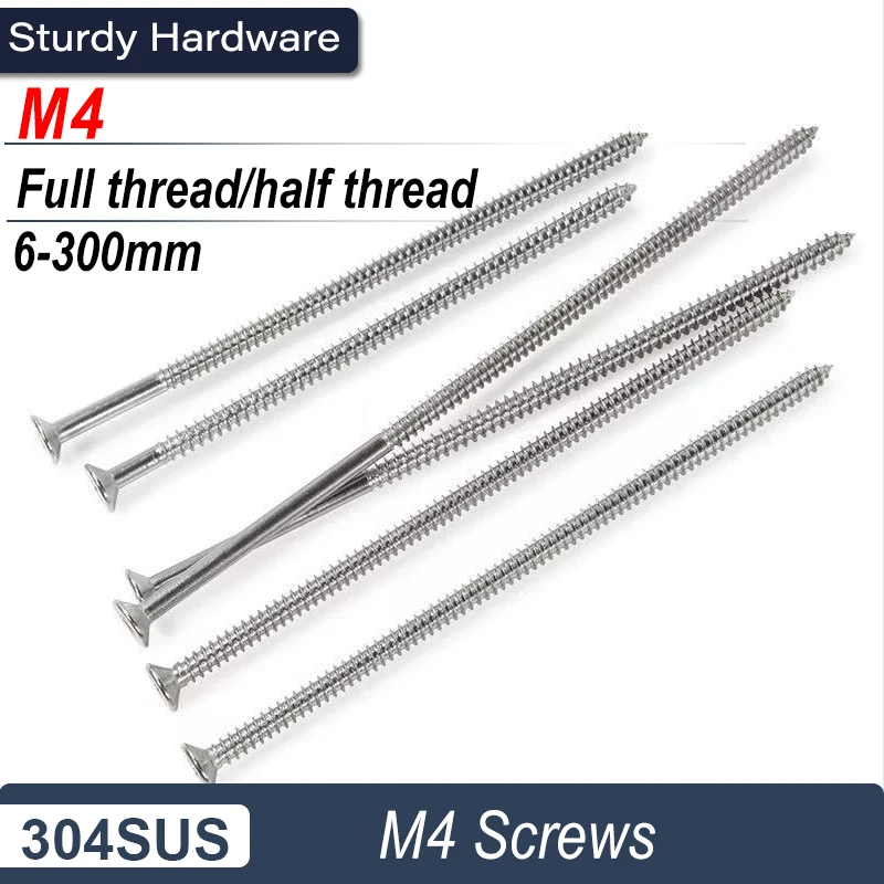 304 Stainless Steel M4 Screws - No Pre-Drilling Required, Fully or Partially Threaded, Lengths 6-300mm Optional