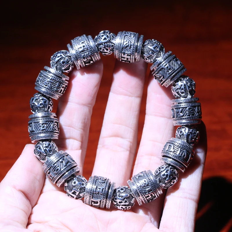 Nepalese Retro Handmade Tibetan Silver Jewelry Six-Character Mantra Prayer Tube Heart Sutra Silver Bracelet Beads