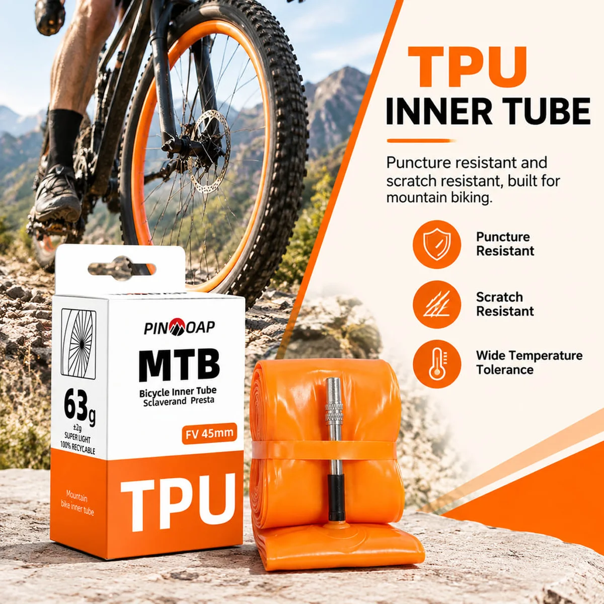 PINMOAP Mountainbike-Schlauch TPU FV45mm 24''26''27.5''29'' Ultraleichter Fahrradschlauch für Reparatur und Austausch – Detail 3