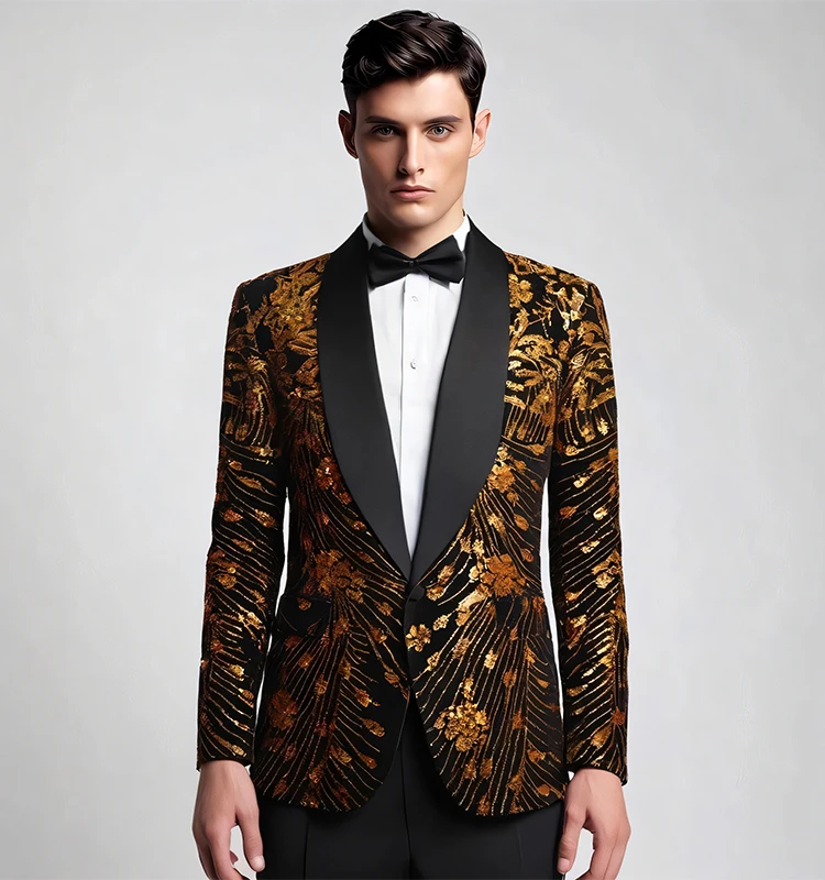 

Men's Groom Wedding Party Suit Jackets Black Velvet Gold Sequin Blazer Formal Tuxedo Prom Celebrate Blazers Host Stage Costume