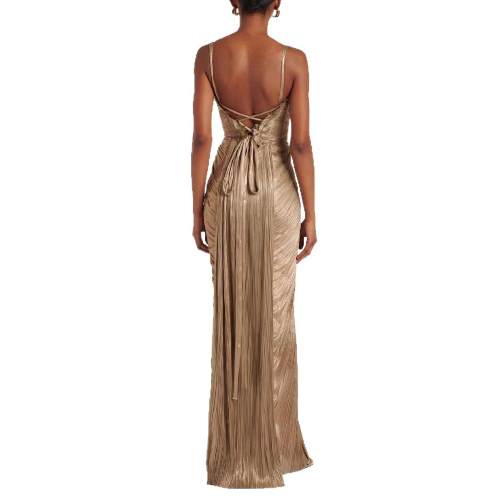 TWOTWINSTYLE Gold Pleated Tunic Fish Bone Dresses for Women Square Collar Sleeveless Casual Party Split Evening Dress Female New