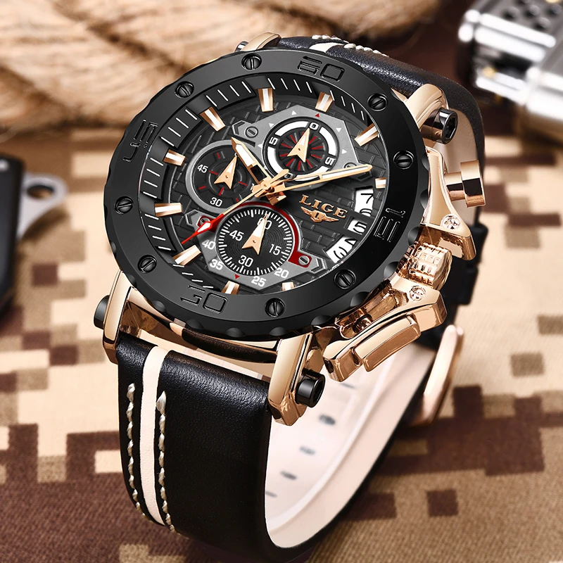 Imagem -04 - Lige Homens Relógios Top Marca de Luxo Impermeável Esporte Relógio de Pulso Cronógrafo Quartz Relógio de Couro Militar para Homens Montre Homme