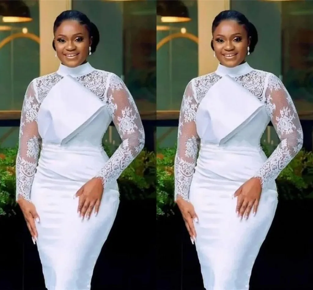 2025 Short Sheath White Lace Formal Evening Dress Sheer High Collar Lace Sleeves Prom Party Gowns Customized Vestidos De Feast
