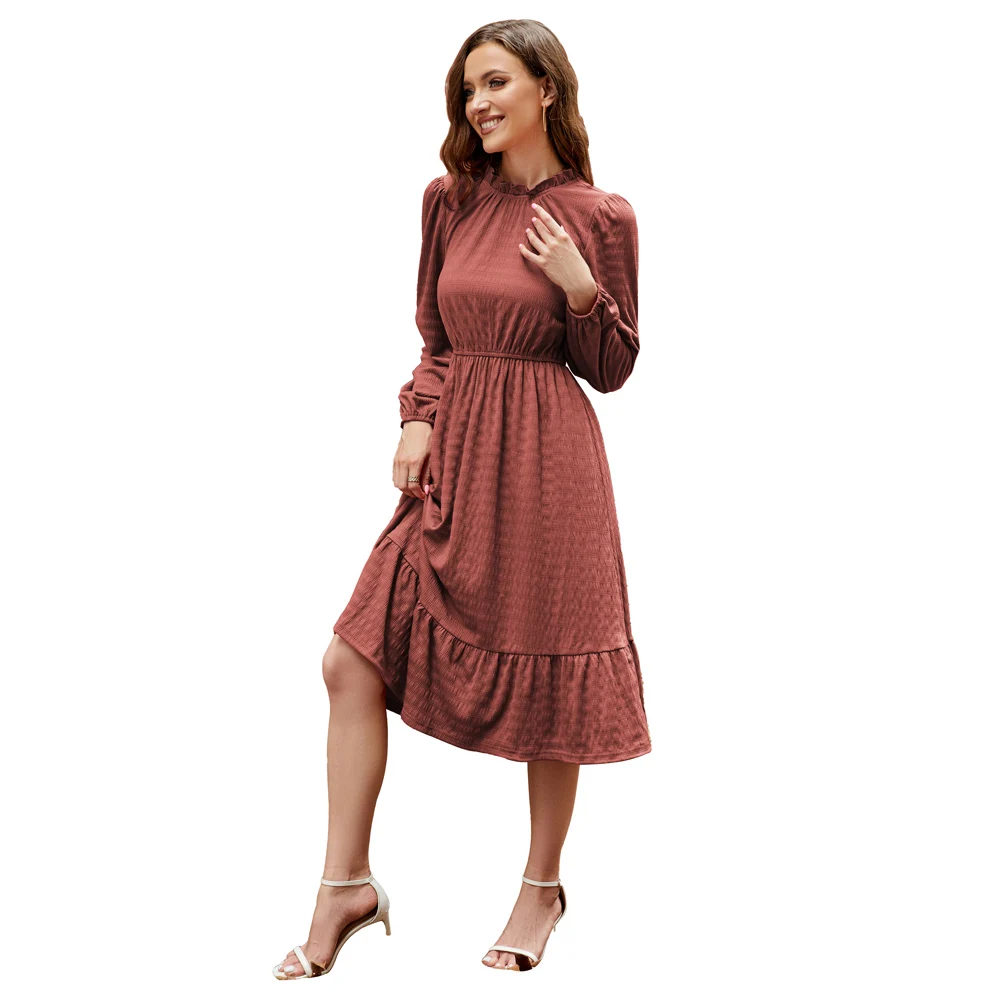 

Jasambac Women Elastic Waist Ruffled Round Collar Dress Long Sleeve Crew Neck Flared Ruffled Hem A-Line Dress