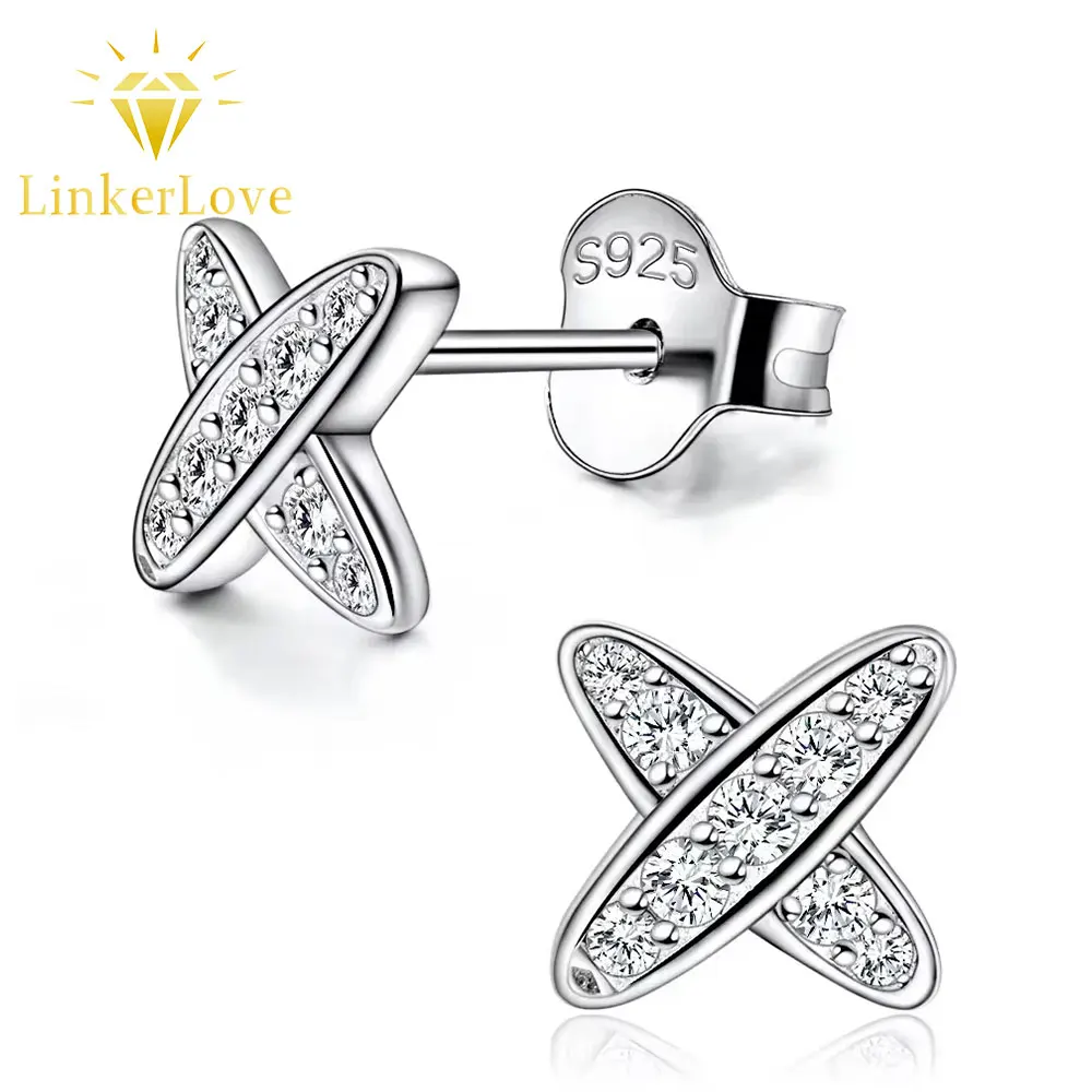 LinkerLove Moissanite Cross Stud Earrings S925 Sterling Silver for Women Gold Plated X-Shape Diamond Earrings Party Fine Jewelry