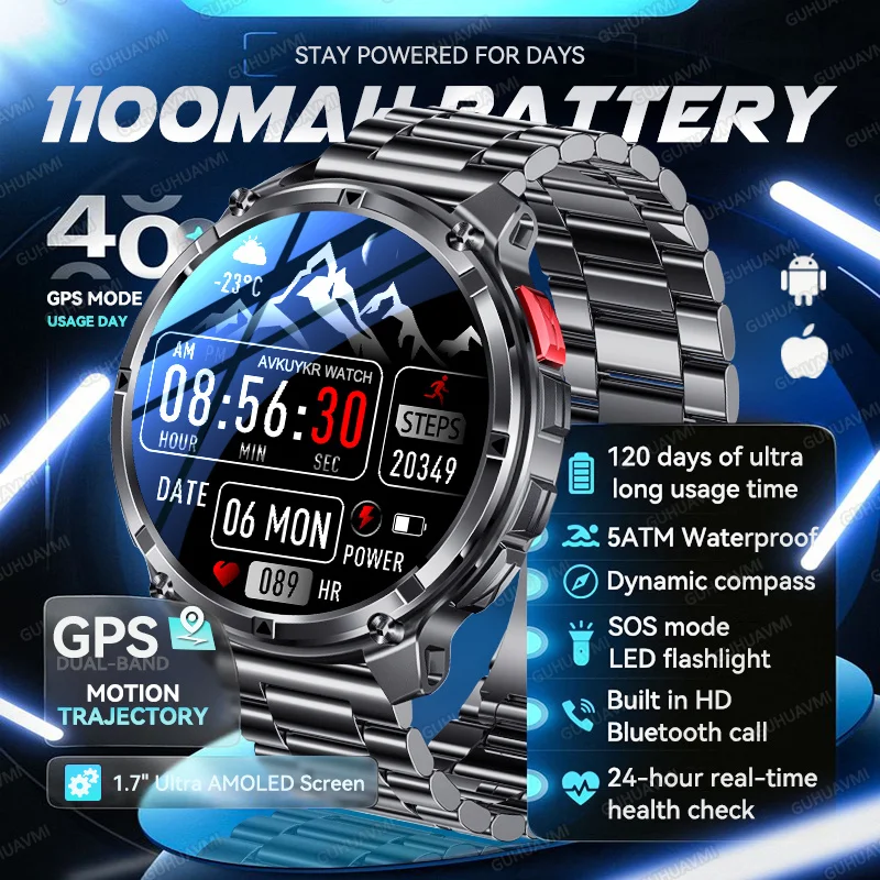 

2026 New T-REX3 1100mAh Battery SmartWatch 5ATM Waterproof GPS Bluetooth call 1.7" AMOLED Flashlight Run Tracker Smart Watch Men