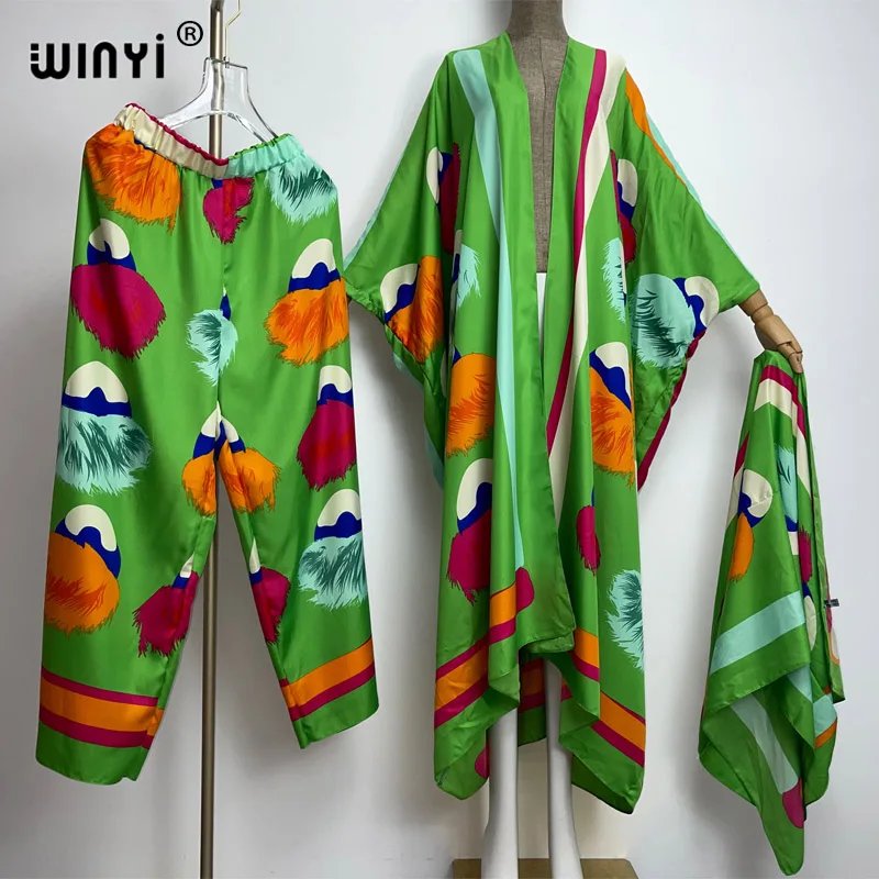 WINYI 2022 two-piece suit with head belt Boho elagant Printed kimonos Batwing Sleeve Women Silk Floor Length New Fashion kaftan