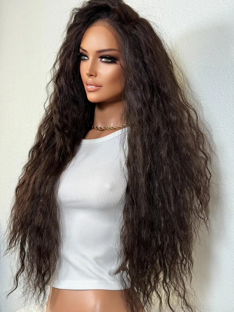 Peruca ondulada marrom escuro de 28 polegadas |   Peruca frontal de renda suíça PremiumBlend