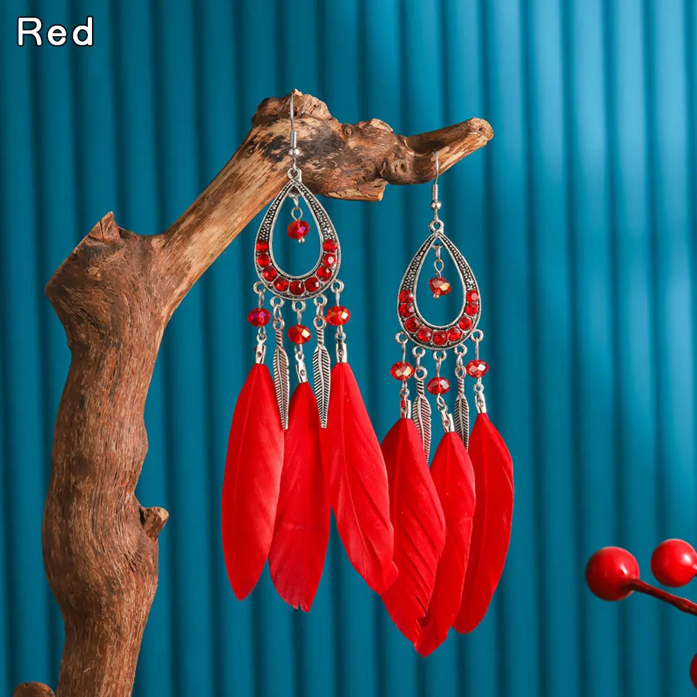 Fashion Feather Drop Earrings For Women Jewelry Accessories Pink Bohemian Ethnic Earrings Girls Feather Tassel Long Earrings