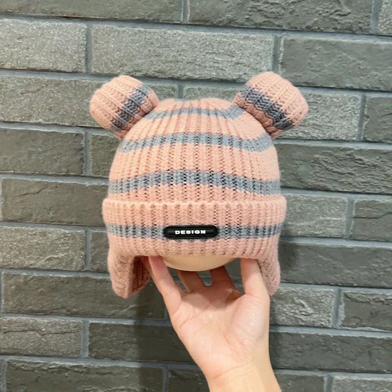 شتاء دافئ الطفل سدادات حماية الأذن قبعة موضة مخطط الاطفال قبعات منسوجة 6-12 شهر الوليد غطاء للأذنين قبعة سميكة الصوفية الرضع بيني