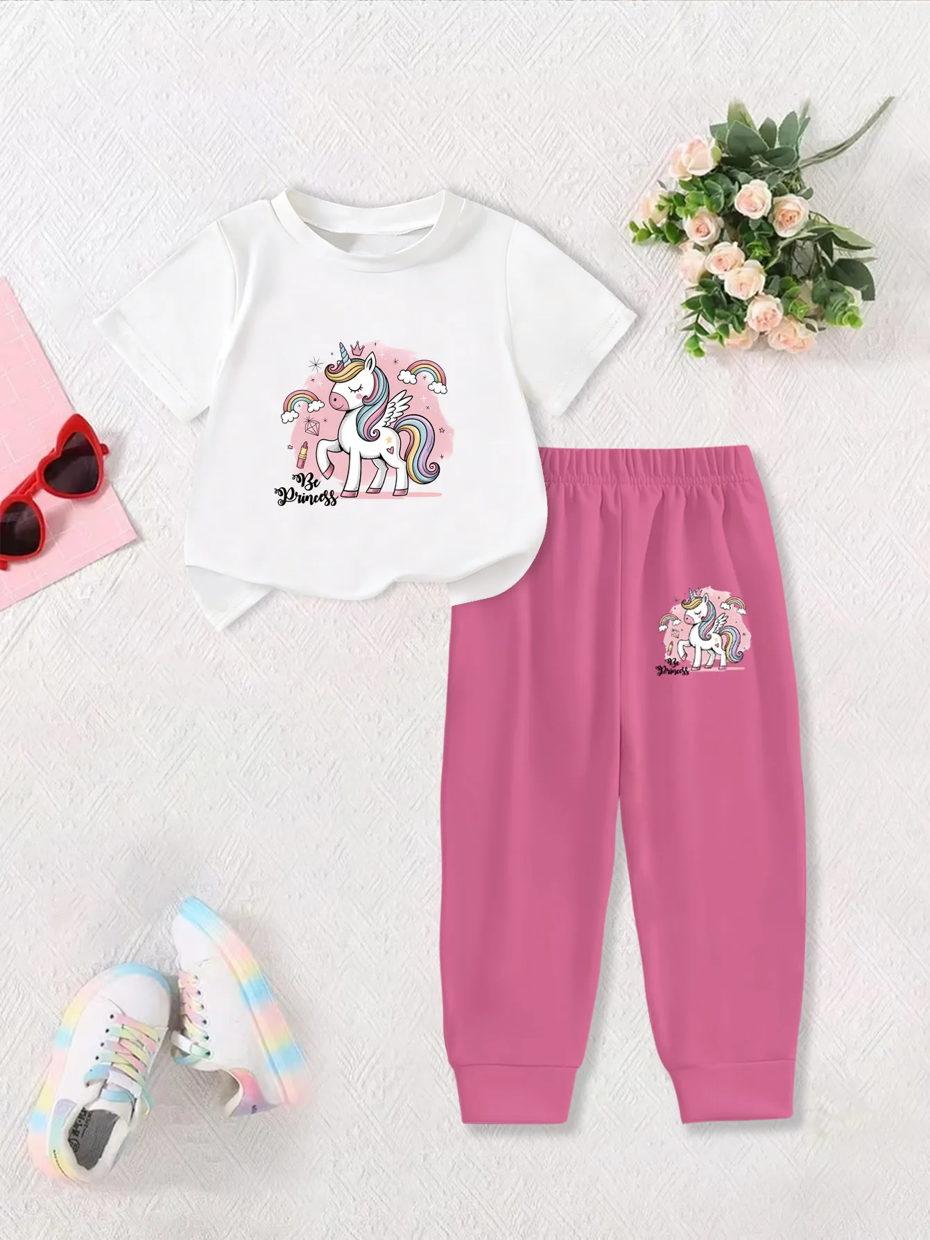 

2 шт.: Летний милый милый спортивный костюм с короткими рукавами для девочек — милый мультяшный принт единорога