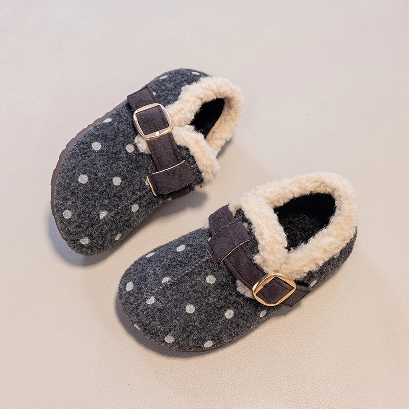 Toddler Girls Fuzzy Leather Shoes with Buckle 2026 New Winter Kids Warm-lined Shoes Non-slip Trendy School Outdoor Casual Wear