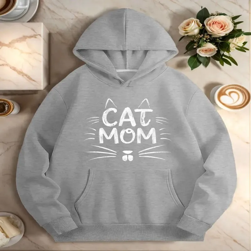 

Fall Winter Season Women Female Cat Mom Sweatshirt Long Sleeve Pet Print With White Text Y2k Elegant Lettering New 2025 Trendly