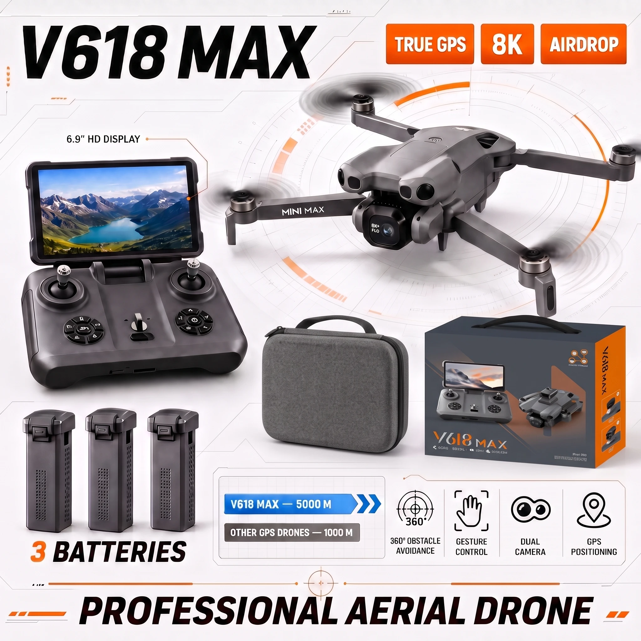 V618 MAX GPS Foldable Drone 6.9 Inch Screen 4K HD Brushless Airdrop 5G FPV Dual Camera Long Flight Time Altitude Hold Quadcopter