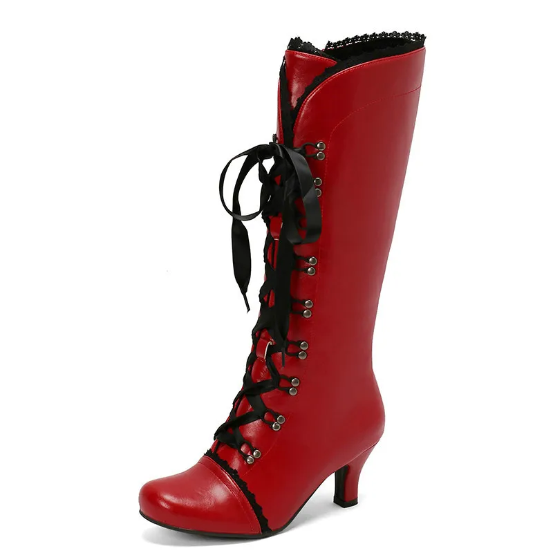 

Vintage Women Victorian Knee Boots Lace Up High Heel Bootie Ruffle Trim Lolita Princess Cosplay Tea Party Costume Shoes Green