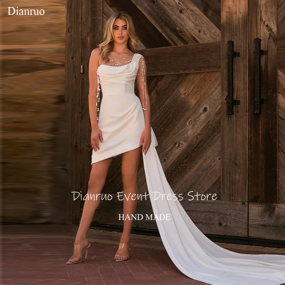 

Dianruo Asymmetric One Shoulder Wedding Dress Extra Long Train Civil Bridal Evening Dress Satin Graceful Bridal Gowns Customized