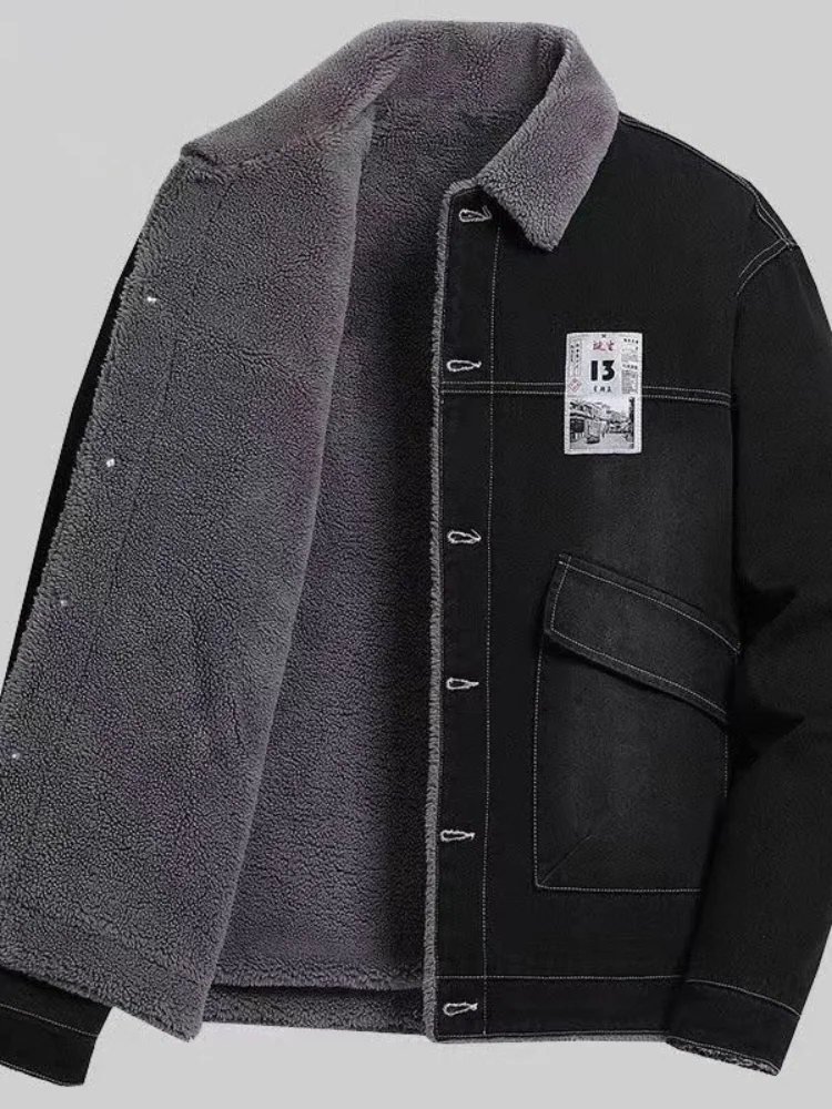 

Men's Fce Lined Thiened Denim Jaet ort Sle Winter Outerwear Casual Sle Regular Sve Length Versatile Cotton Coat