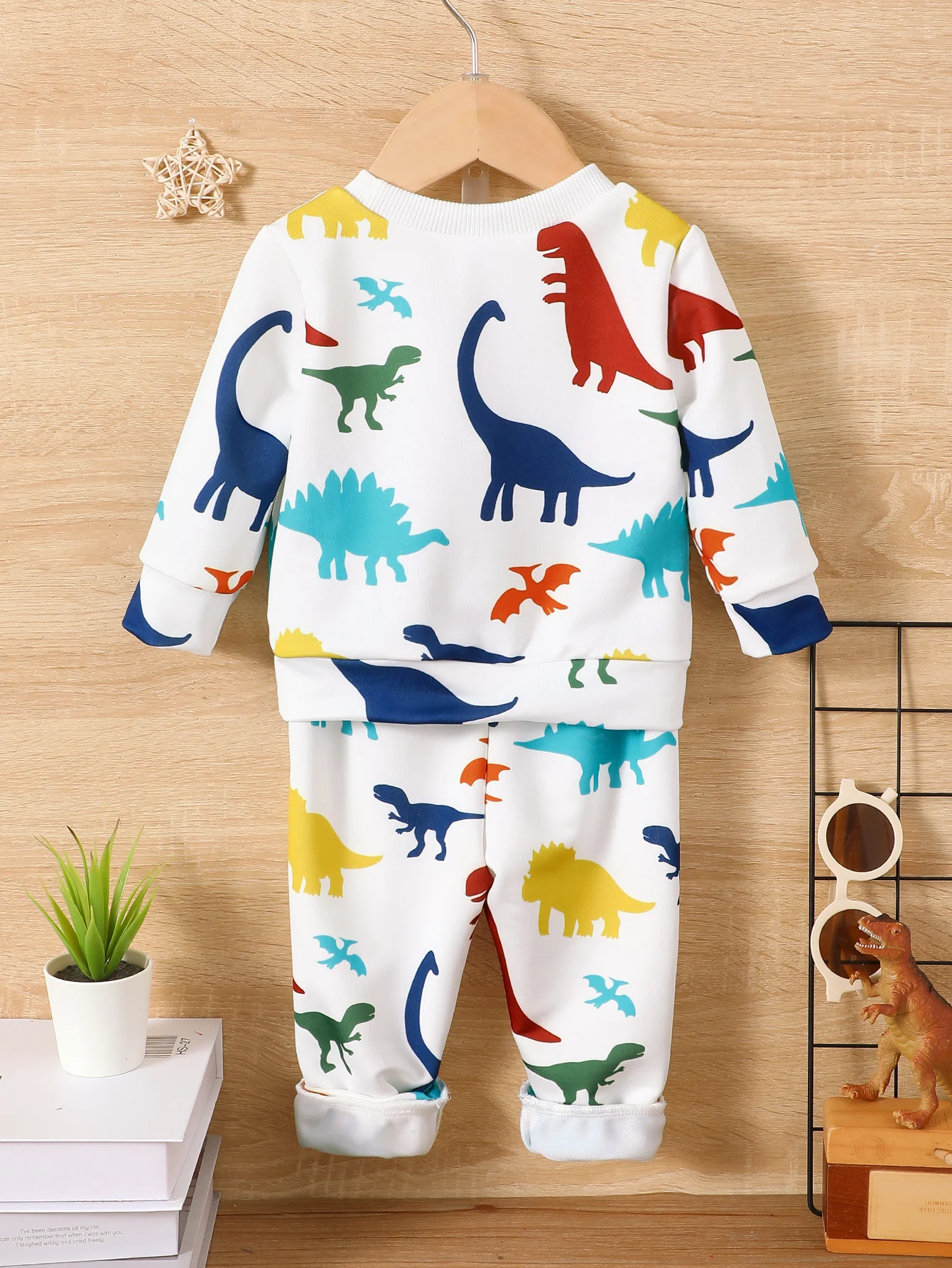 6-36M Fall Male Baby Casual White Suit Cartoon Multicolor Dinosaur Print Long-Sleeved Pullover Hoodie Top Pants Match Everything