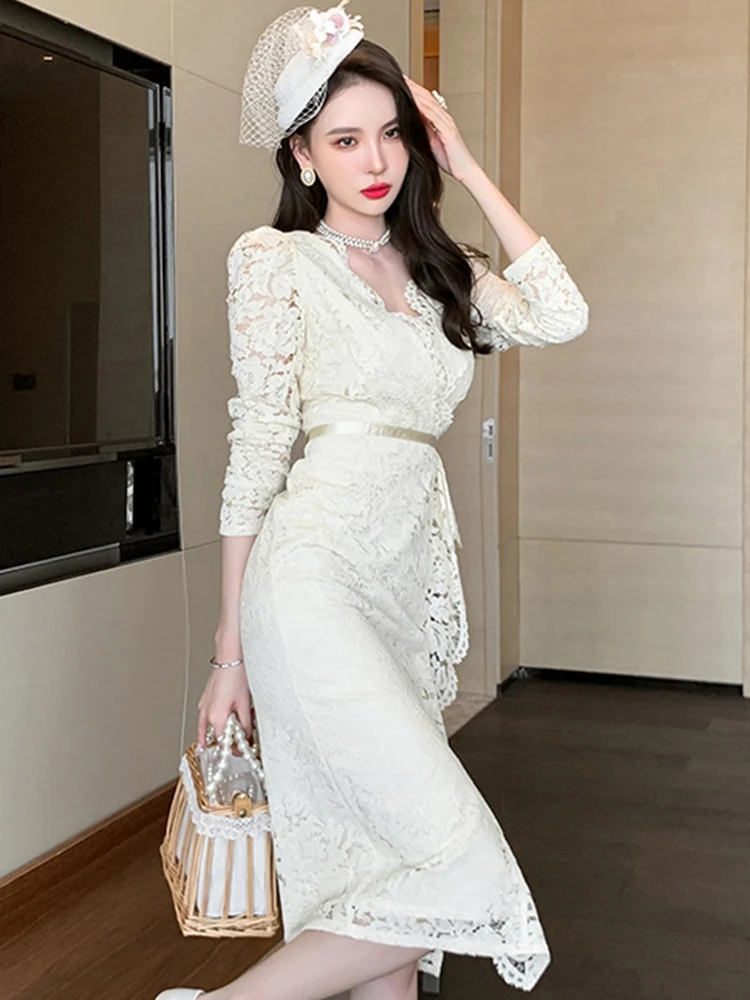 여성용 우아한 연회 드레스, 달콤하고 로맨틱한 레이스 버블 소매, 스플릿 러플 로브, 여성 파티/프롬 드레스