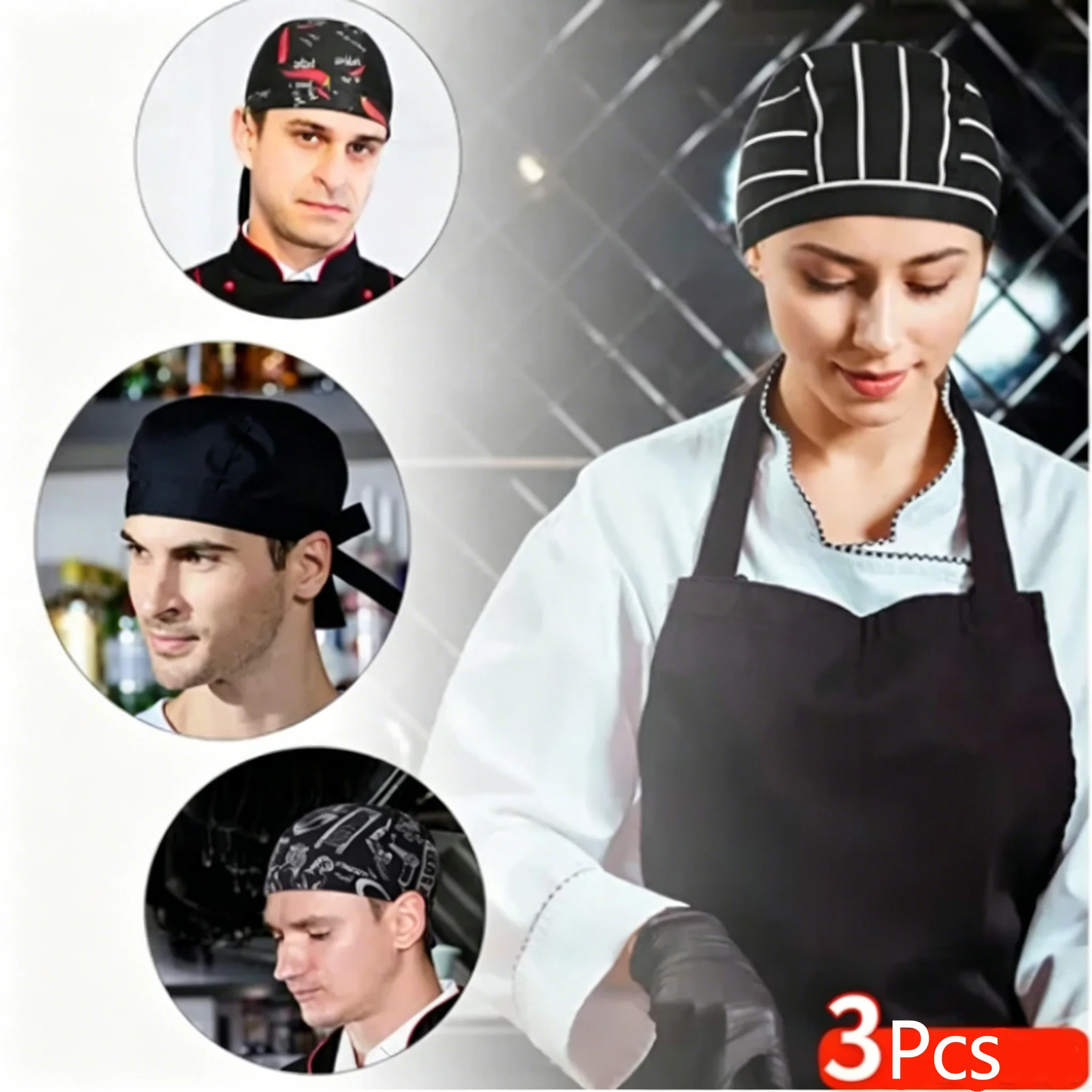 3Pcs Chef Cap Breathable Striped Printed Kitchen Scrub Cap Unisex Adjustable Pirate Chef Hat for Restaurant Catering Cooking