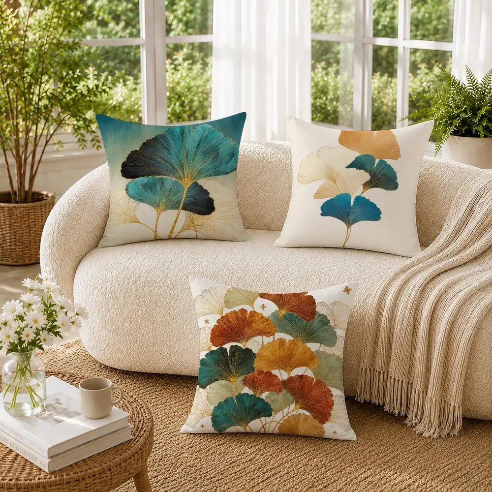 Blue Gold Ginkgo Leaf Art Cushion Cover Pillowcase Sofa Living Room Home Gift Office Decor Protective Covers
