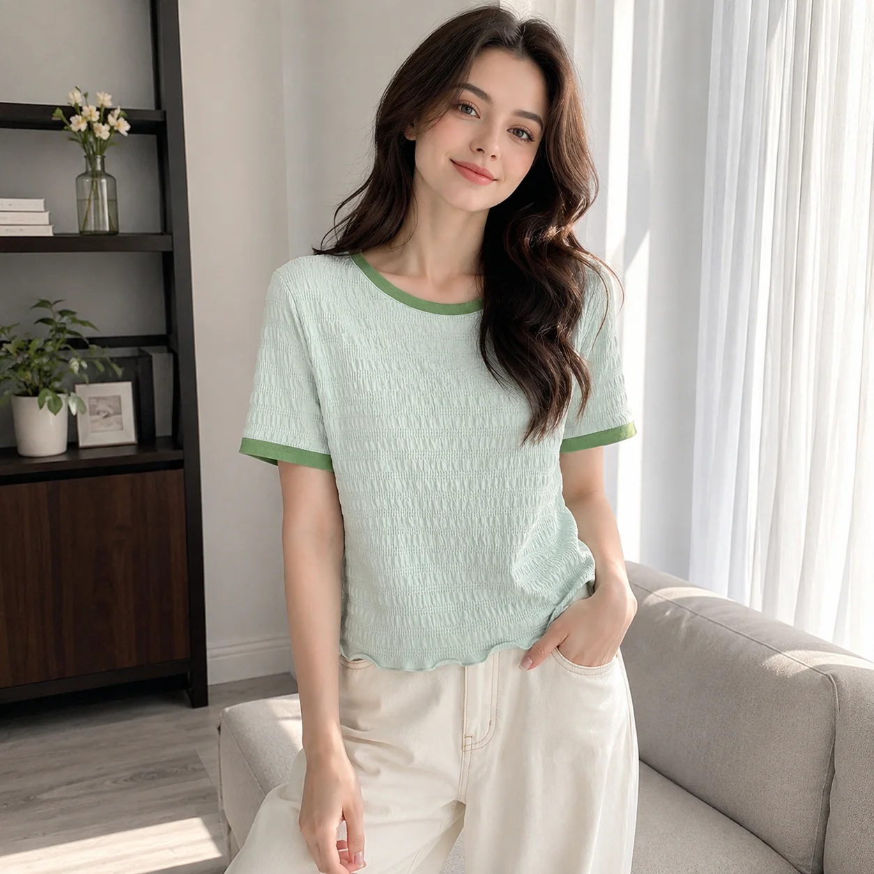 Women Textured T Shirt Contrast Trim Crew Neck Short Sleeve Loose Fit Casual Summer Top S-3XL