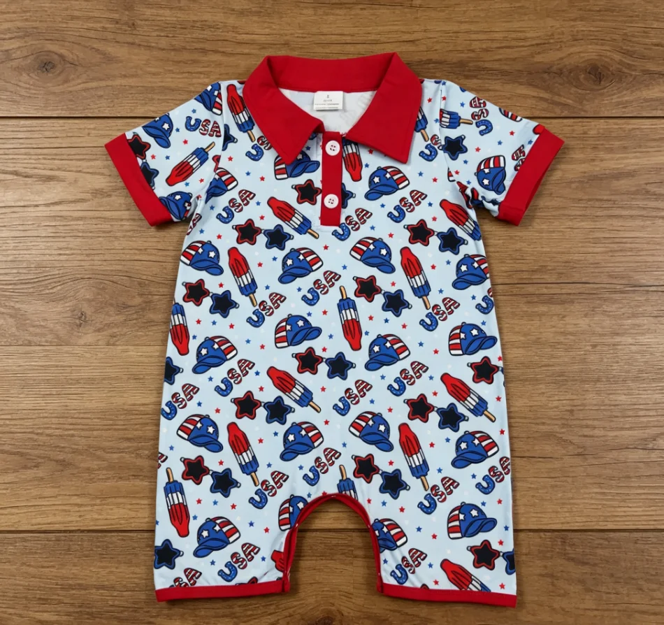 Wholesale Children Boys 4th of July Clothes Newborn Infant Coverall Baby Boy Bodysuit Kids Toddler Popsicle Stars Blue Romper