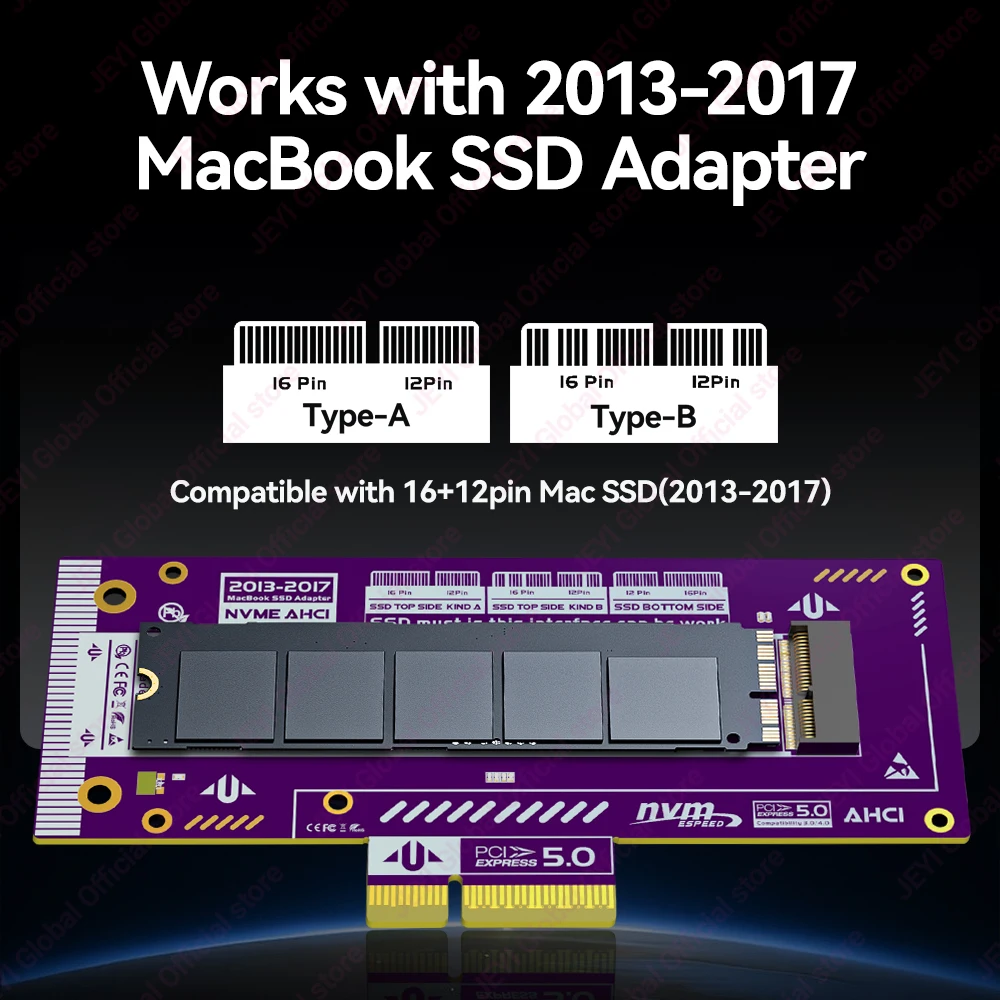 Adapter SSD JEYI PCIe 5.0 dla MacBook Air/Pro 2013-2017 - Obsługa NVMe/AHCI, prędkość 128 Gbps, kompatybilny z PCIe x4/x8/x16