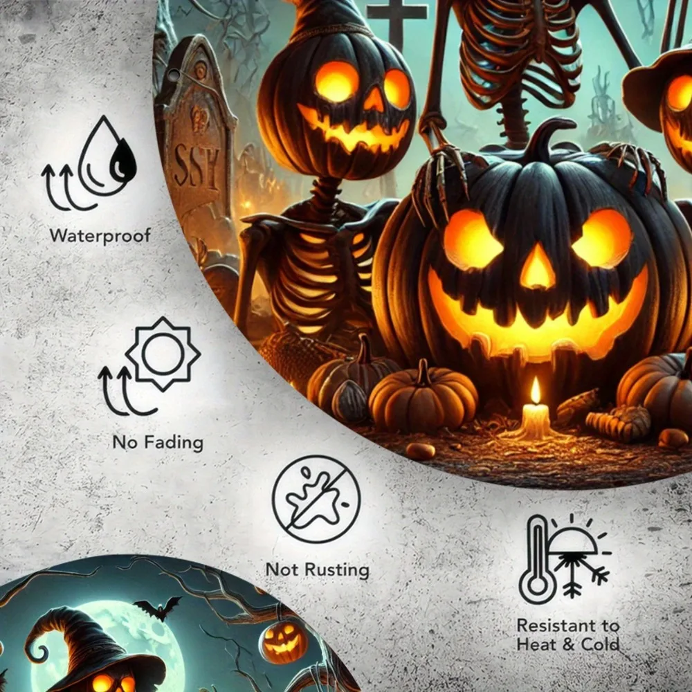 لافتة معدنية فزاعة رعب الهالوين ثنائية الأبعاد، فن معلق من القصدير الدائري المطبوع المسطح، ديكور جداري مقاس 8 بوصات