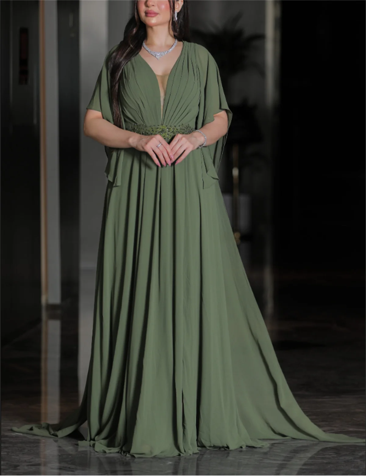 Robe de Soirée Trapèze en Mousseline de Soie Plissée à Manches sulfet Col en V pour Occasions Formelles, Simple, Classique, Vert, Traîne, Balayage, Quelle que soit la Personnalité, 2024