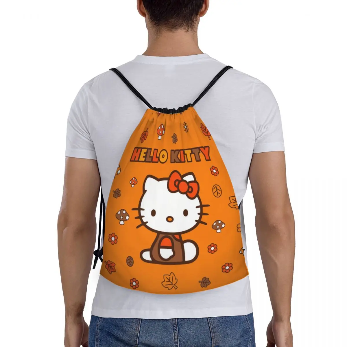 Custom ฤดูใบไม้ร่วงใบ Hello Kitty กระเป๋าเป้สะพายหลังผู้หญิงผู้ชายกีฬา Sackpack พับการ์ตูน Cat Shopping Bag กระสอบ