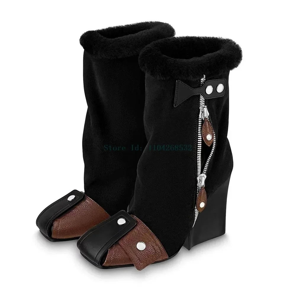 

Меховые замшевые ботинки на танкетке в стиле пэчворк, ботинки на молнии с заклепками и квадратным носком, разноцветные новые поступления, модные женские подиумные ботинки