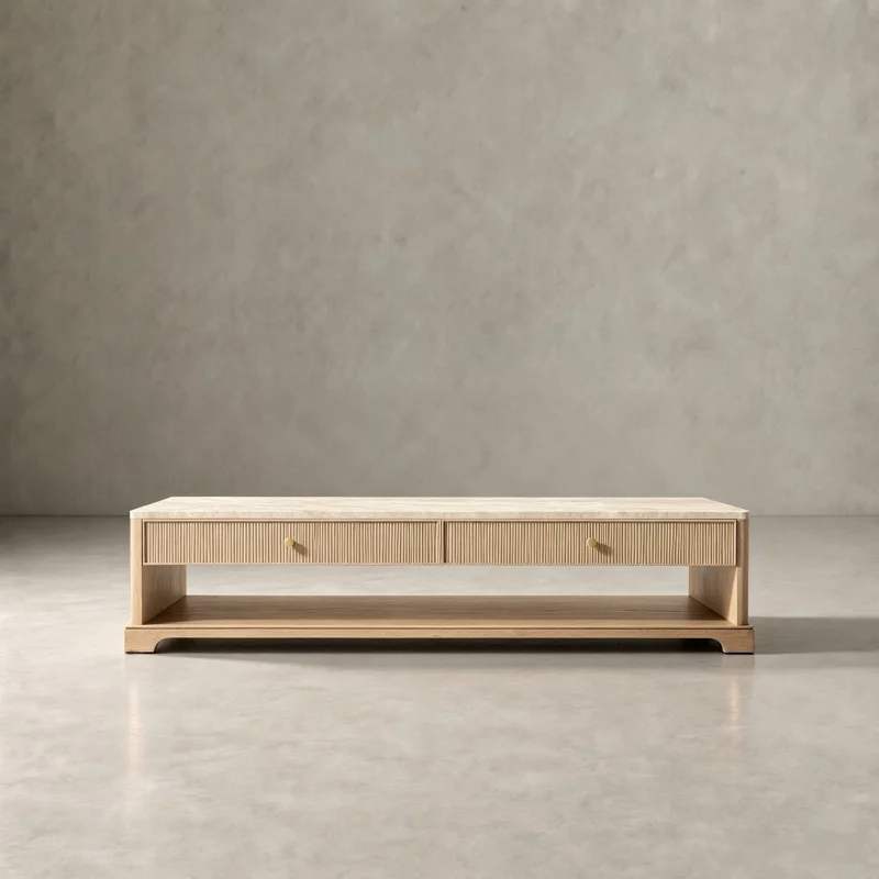 OAKEN Living Room  Modern Marble Top Oak Wood Coffee Table With 2 Drawers Rectangular Storage Tea Table for Home Furniture