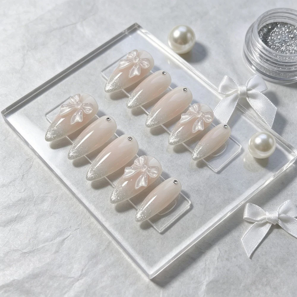 10Pcs High-End Custom Cat-Eye Gradient Nail Tips New Women's Fake Nails with Playful Bows Stars Diamonds Pearls—Sweet Reusable