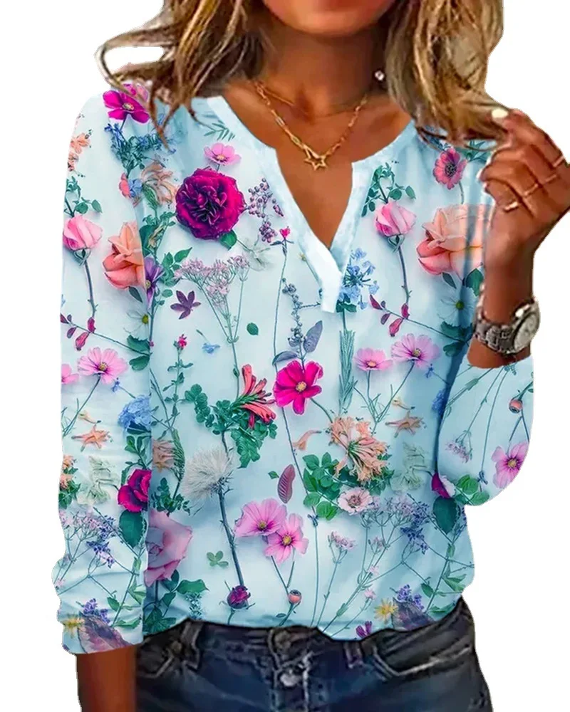 2024 verão flor impresso manga comprida camiseta feminina solta elegante topos com decote em v senhora do escritório férias praia casual blusa doce