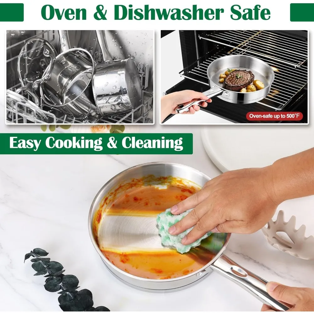 E-far 10-Piece Stainless Steel Cookware Set, Induction Pots and Pans Set with Tri-Ply Base, Non-toxic Kitchen Cooking Set w/Fryi