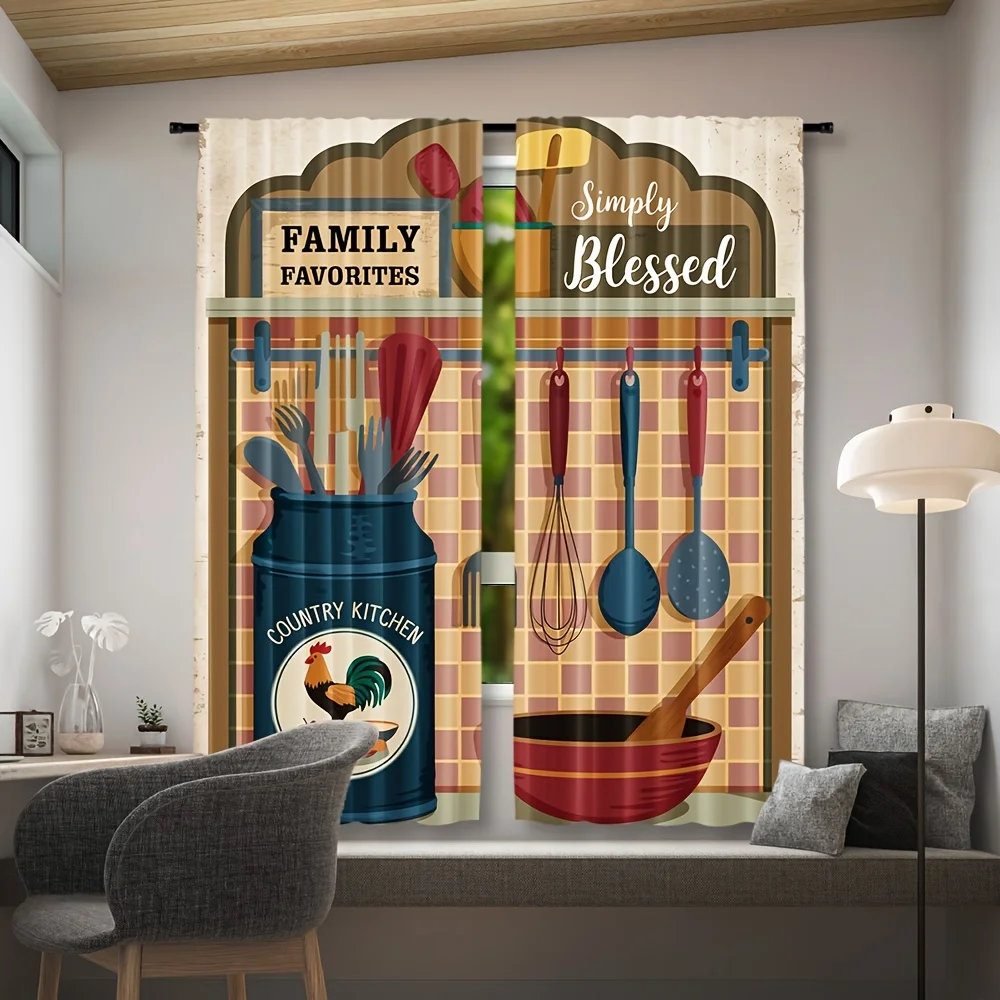 Country Kitchen Rooster Utensil Grid Blackout Rod Pocket Curtain Family Blessed Text Decor Farm Homestay Kitchen Rest Bay Window