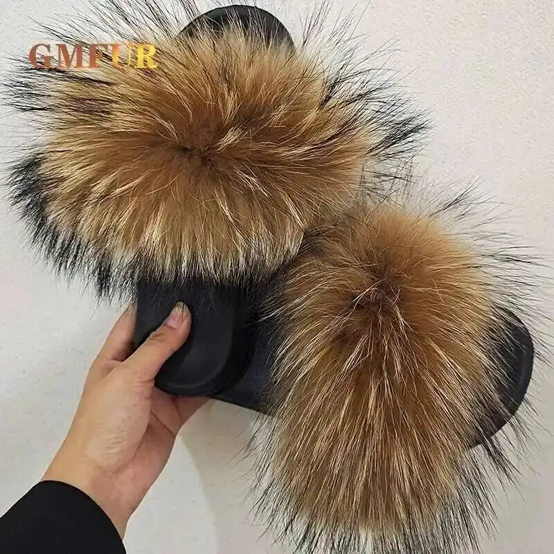 

Women Summer Raccoon Fur Slides House Home Fluffy Casual Slippers Comfort Furry Flats Sweet Ladies Beach Shoes Outdoor Sandals
