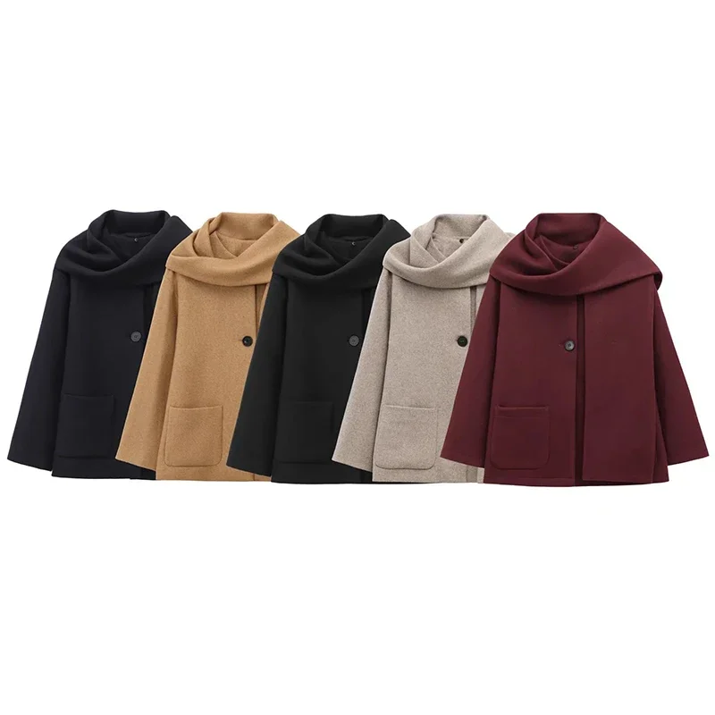 Women's Spring Winter INS Scarf round Neck Jacket Warmer Long Sleeve Blended Coat Loose Elegant Outerwear Fashion for Ladies