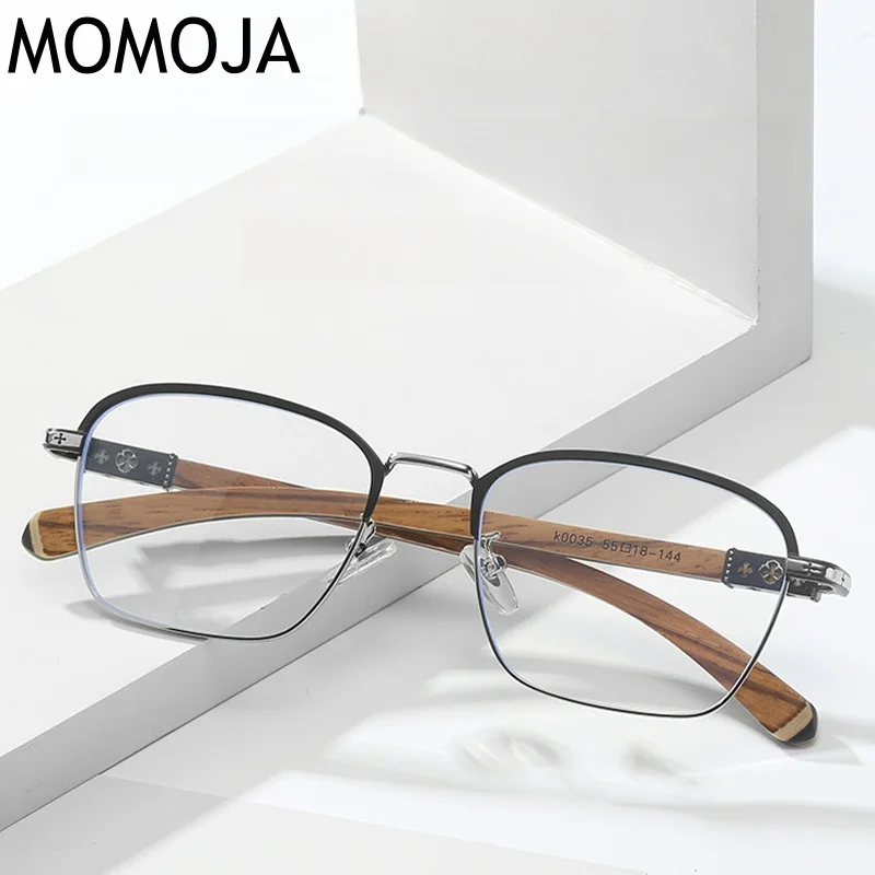 

MOMOJA Metal Eyeglass Frame Fashionable Retro Wood Grain Legs Women's Glasses Frame Optical Pprescription Men's Glasses K0035