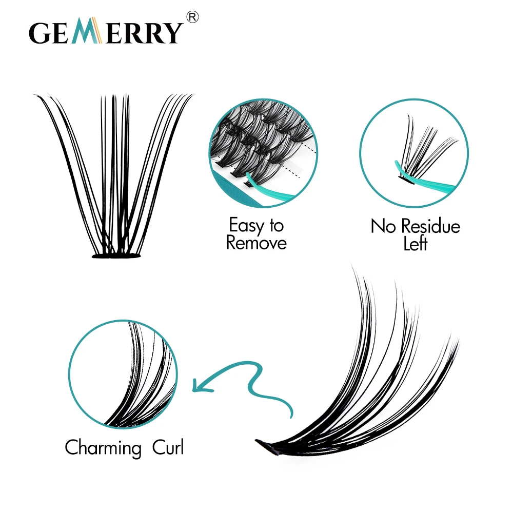 Gemerry Cluster Lashes Extensions 5 Row Slender Stem 10D/20D/30D/40D/50D High Quality Soft Individual Eyelash DIY Portable Tools