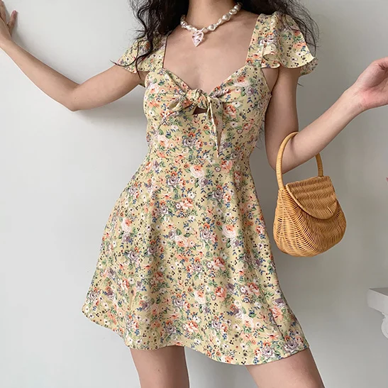 

Pastoral Cute Floral Chest Strap Flying Sleeve Dress Women Dress Short Sleeves Lace Up High Thin In Summer Long Skirt For Female