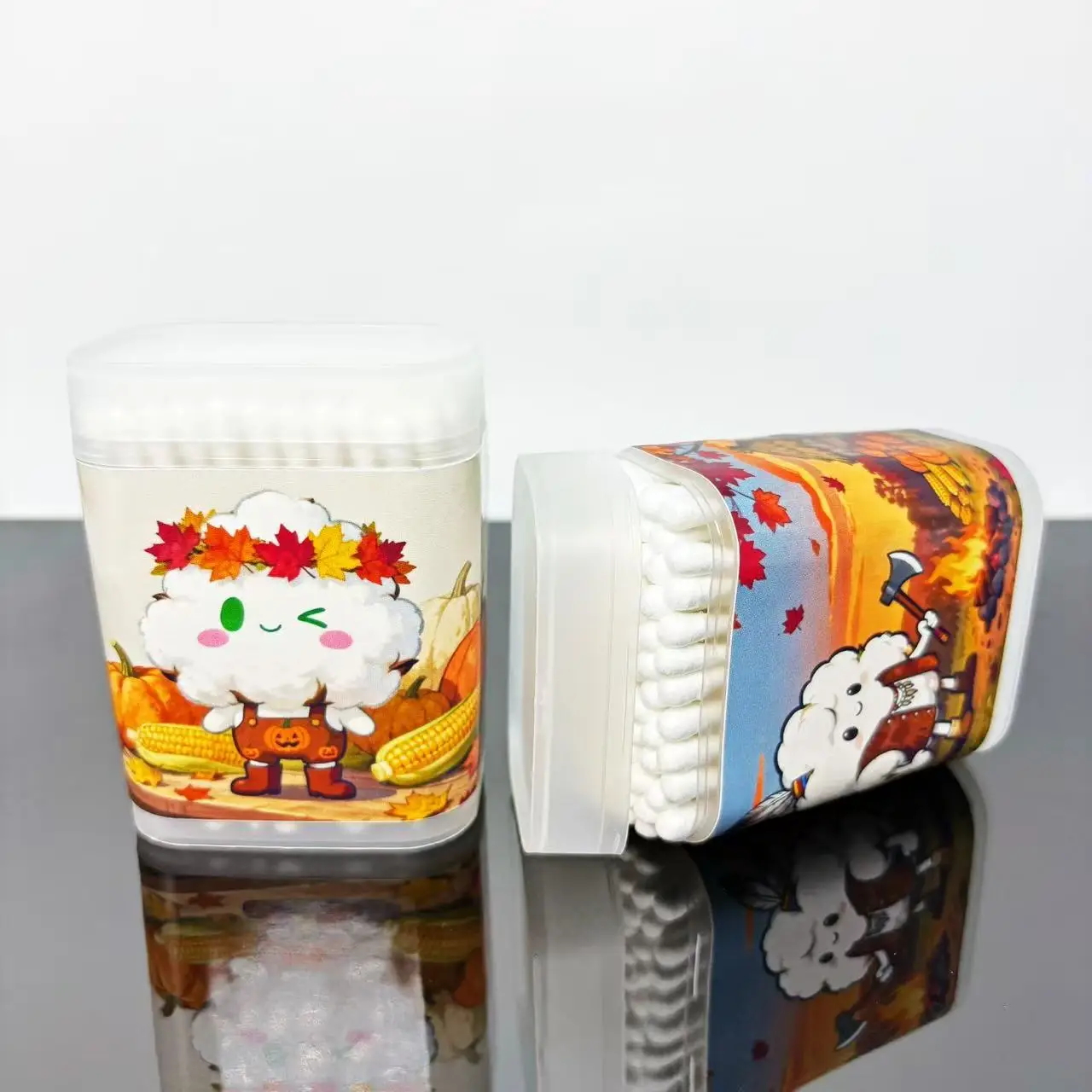 200 pezzi/400 pezzi tamponi di cotone bianco a doppia estremità a tema del Ringraziamento con cucchiaio rotondo elementi creativi del Ringraziamento tamponi di cotone