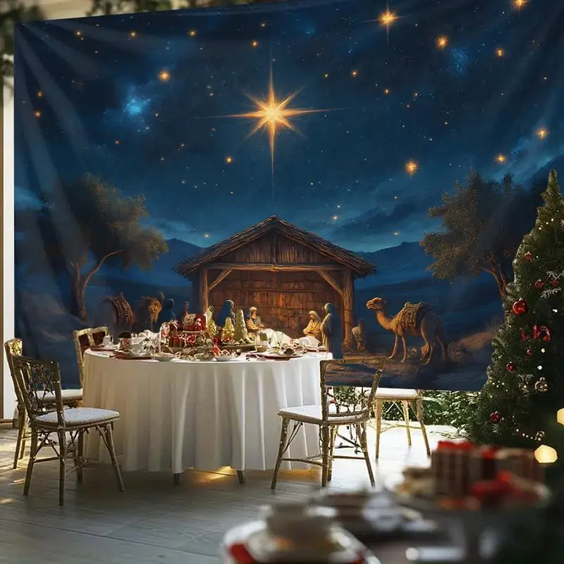 1pc Extra Large Nativity Scene Tapestry - Bethlehem Starry Night Wall Hanging with Mary, Joseph, Camels - No Electricity Needed