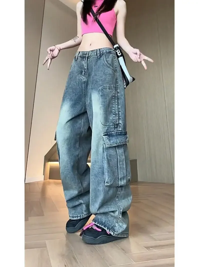 Y2K high street hip-hop men and women trendy washed straight leg jeans with multiple pockets for couples loose casual pants