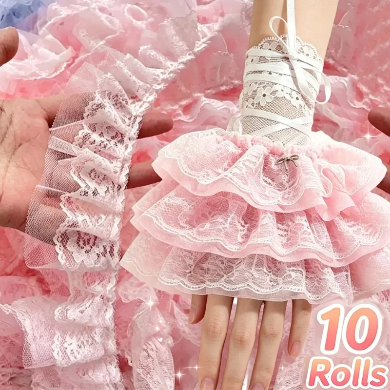 Sweet Pink Multi-Layer Ruffled Lace Edge Trim Sheer Tulle Lace Ribbon DIY Sewing Clothing Cuff Decor for Lolita Cosplay Costume